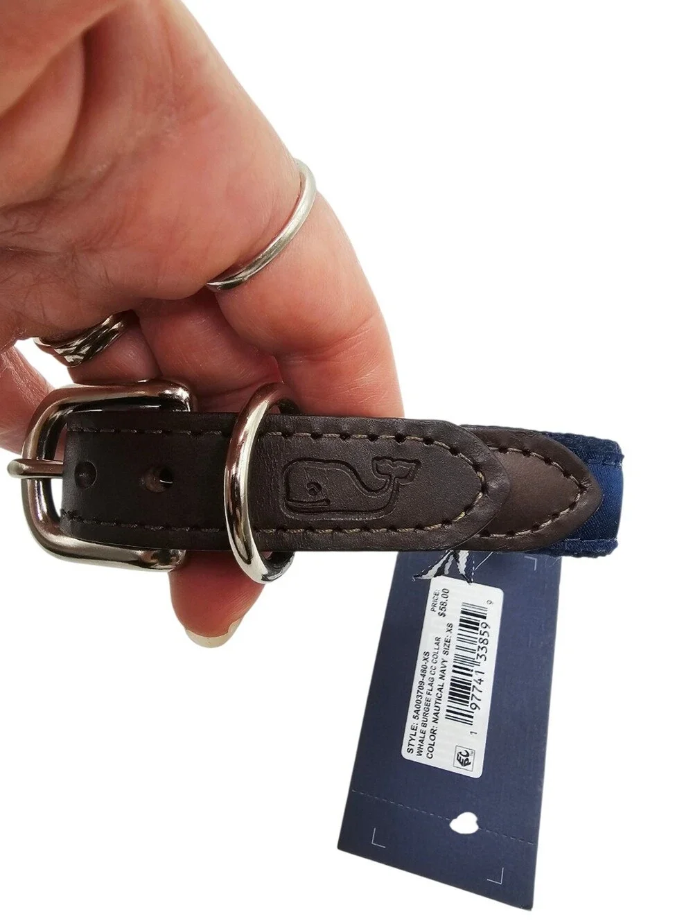Vineyard Vines Whale Burgee Flag Cowhide Leather & Canvas Dog Collar NWT